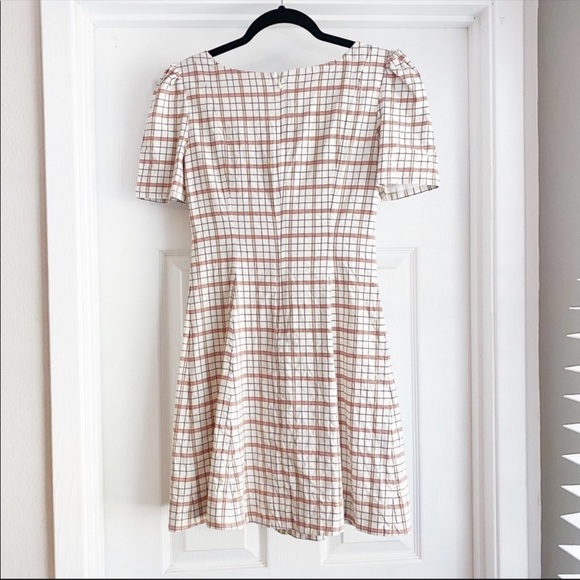 Nicholas Plaid Button Front Puff Sleeve Mini Dress Linen Blend Cream Red Size 2 - Picture 8 of 12
